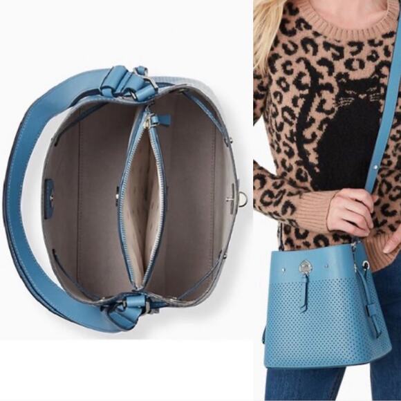 Kate Spade Bucket Marble Pebble Leather Niagara Blue Satchel Crossbody Purse Bag - Picture 3 of 16